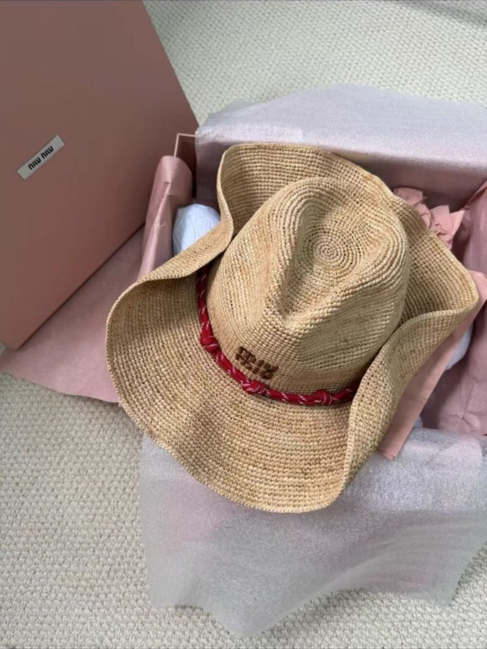 Miu Miu Raffia Wide Brim Western Cowboy Straw Hat
